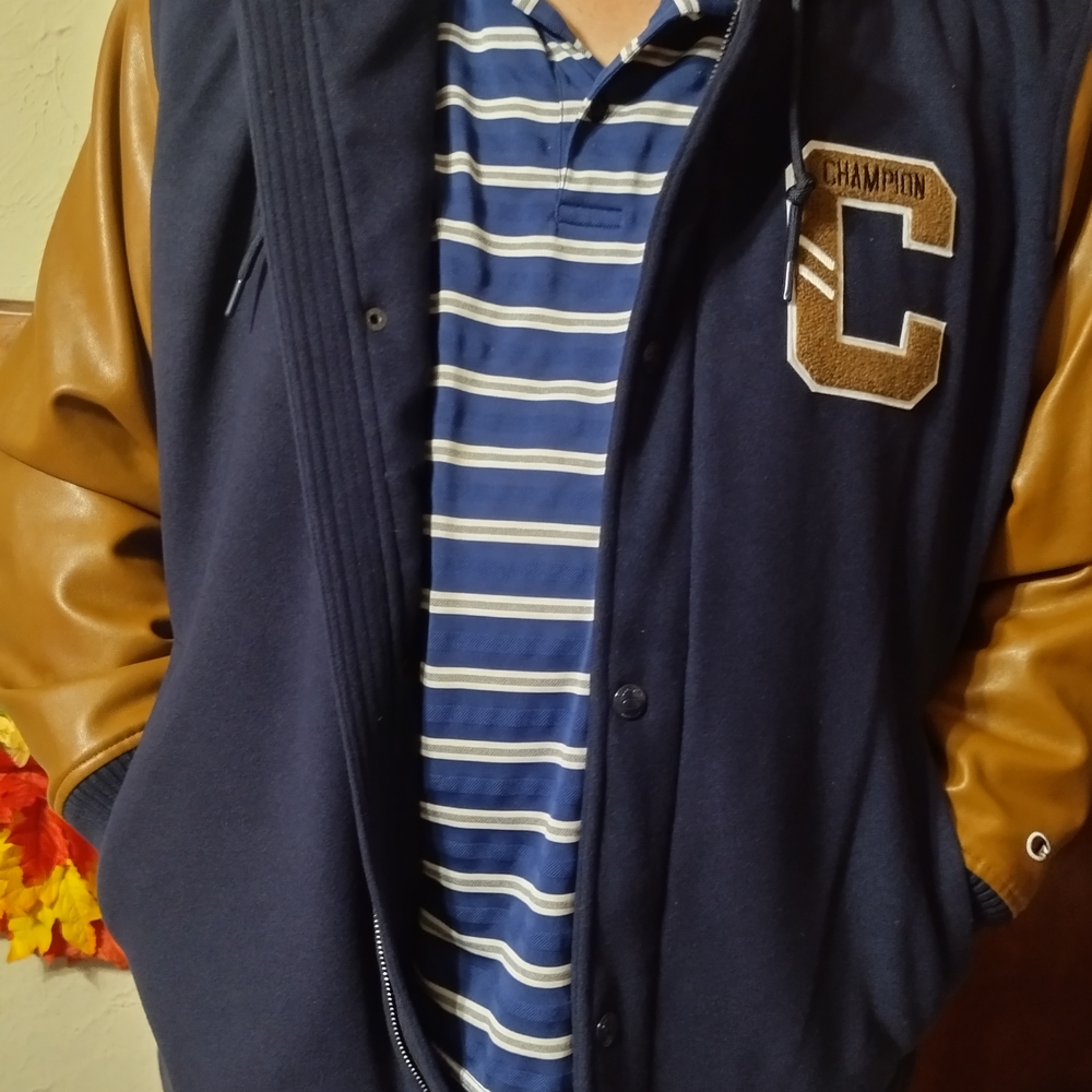 Champion Men's Navy and Tan Varsity Jacket